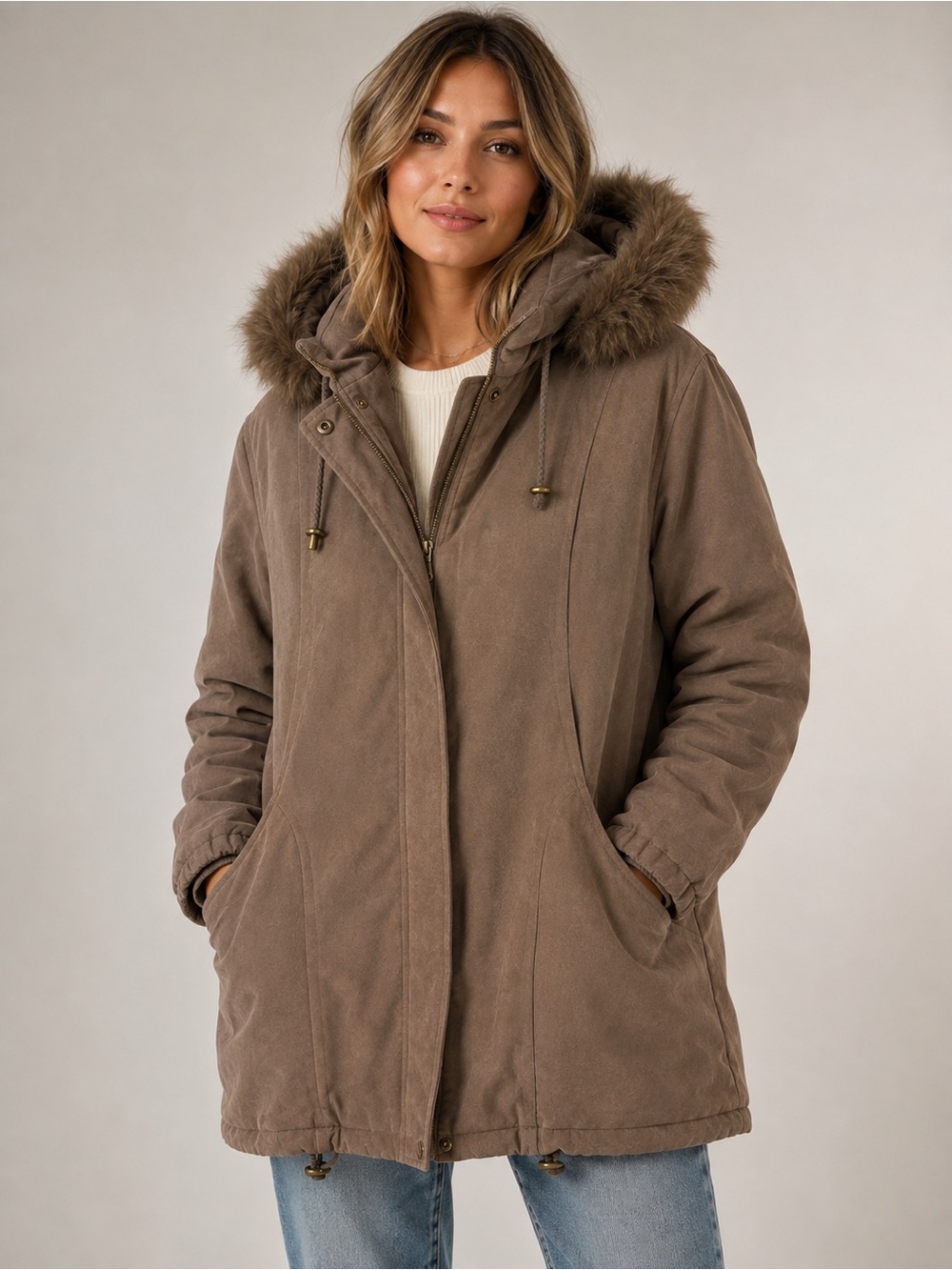 Worthington Women's Taupe Faux-Fur Hooded Parka Jacket Faux Suede M warm winter